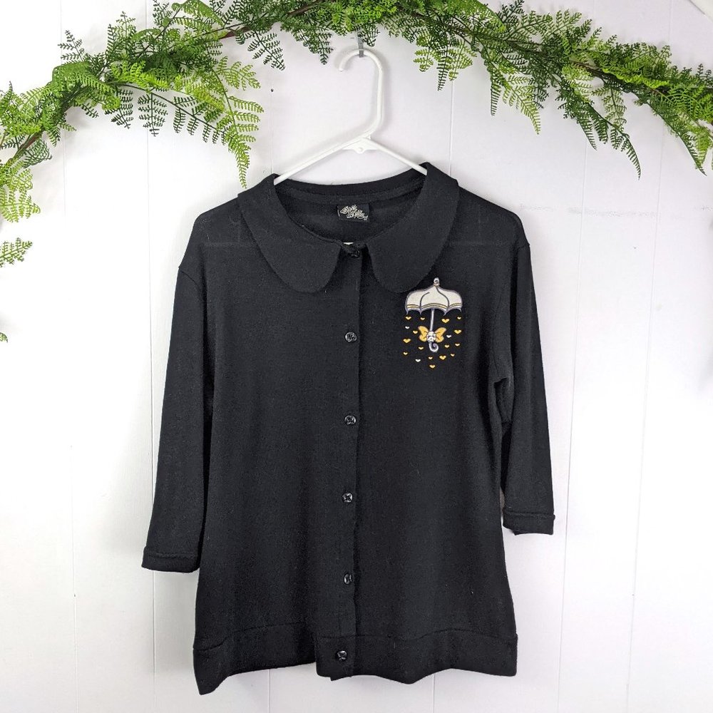 Rock Steady Embroidered Rainy Days Peter Pan Collar Cardigan Sweater